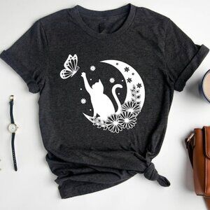 Floral Cat Butterfly Graphic T-Shirt Cute Cat Lover Gift Tee